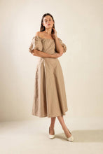 Load image into Gallery viewer, PROTECTING MY PEACE TAUPE WOVEN MIDI DRESS