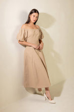 Load image into Gallery viewer, PROTECTING MY PEACE TAUPE WOVEN MIDI DRESS