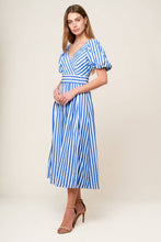 Load image into Gallery viewer, SUNSET STEPS BLUE WOVEN MIDI DRESS