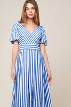 Load image into Gallery viewer, SUNSET STEPS BLUE WOVEN MIDI DRESS