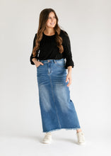 Load image into Gallery viewer, Dakotah Raw Hem Long Denim Skirt
