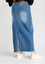 Load image into Gallery viewer, Dakotah Raw Hem Long Denim Skirt