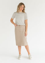 Load image into Gallery viewer, Remi Simply Taupe Denim Midi Skirt