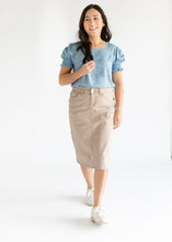 Load image into Gallery viewer, Remi Simply Taupe Denim Midi Skirt