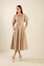 Load image into Gallery viewer, PROTECTING MY PEACE TAUPE WOVEN MIDI DRESS
