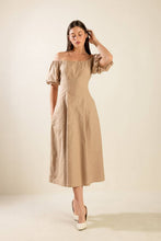 Load image into Gallery viewer, PROTECTING MY PEACE TAUPE WOVEN MIDI DRESS
