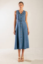 Load image into Gallery viewer, THE JOURNEY BEGINS BLUE DENIM MIDI DRESS
