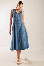 Load image into Gallery viewer, THE JOURNEY BEGINS BLUE DENIM MIDI DRESS
