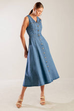 Load image into Gallery viewer, THE JOURNEY BEGINS BLUE DENIM MIDI DRESS
