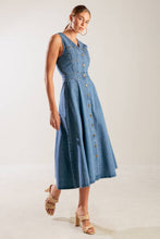 Load image into Gallery viewer, THE JOURNEY BEGINS BLUE DENIM MIDI DRESS
