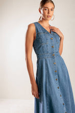 Load image into Gallery viewer, THE JOURNEY BEGINS BLUE DENIM MIDI DRESS
