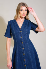 Load image into Gallery viewer, PATCHWORK PARADISE DENIM MIDI DRESS

