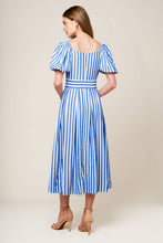 Load image into Gallery viewer, SUNSET STEPS BLUE WOVEN MIDI DRESS
