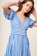 Load image into Gallery viewer, SUNSET STEPS BLUE WOVEN MIDI DRESS
