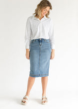Load image into Gallery viewer, Bryn Light Wash Denim Midi Skirt
