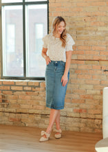Load image into Gallery viewer, Bryn Light Wash Denim Midi Skirt
