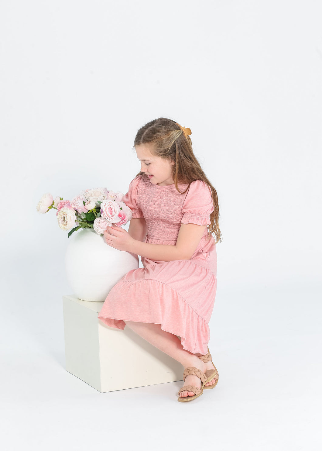 Girl's Penelope Smocked Bodice Puffed Sleeve Midi Dress