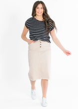 Load image into Gallery viewer, Kobe Raw Hem Denim Midi Skirt
