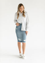 Load image into Gallery viewer, Presley Distressed Denim Midi Skirt
