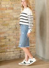 Load image into Gallery viewer, Presley Distressed Denim Midi Skirt
