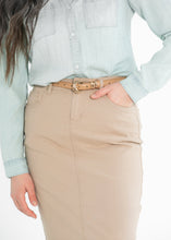 Load image into Gallery viewer, Remi Simply Taupe Denim Midi Skirt
