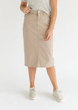 Load image into Gallery viewer, Remi Simply Taupe Denim Midi Skirt
